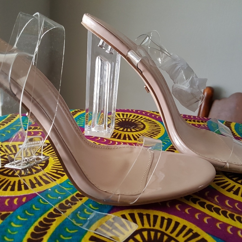 Nude Perspex Chunky Heel Ankle Strap Shoes